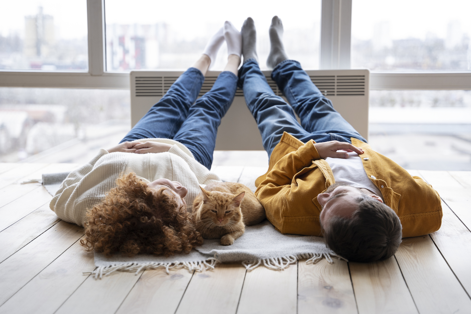 Man, vrouw en huisdier bij verwarming in appartement